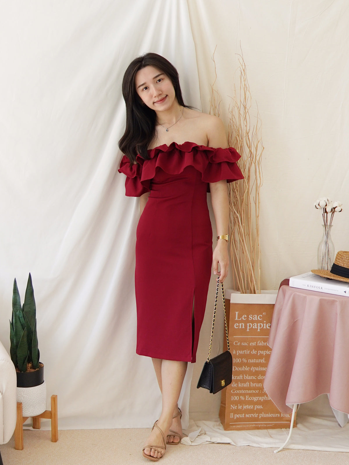 OVIE RUFFLE MAROON DRESS