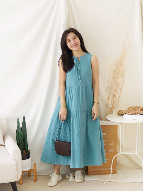 BLUE GREEN RIBBON LONG DRESS