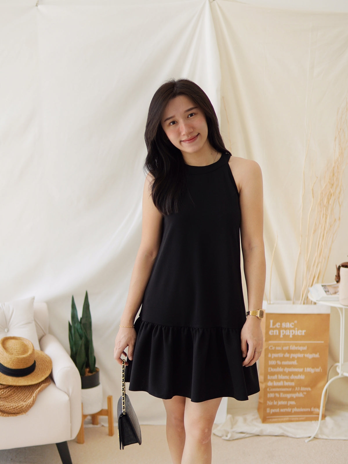 BLACK HALTER FLARE DRESS