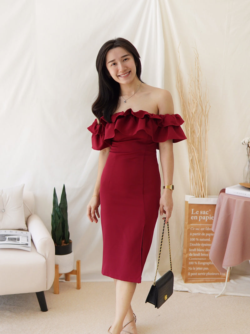 OVIE RUFFLE MAROON DRESS