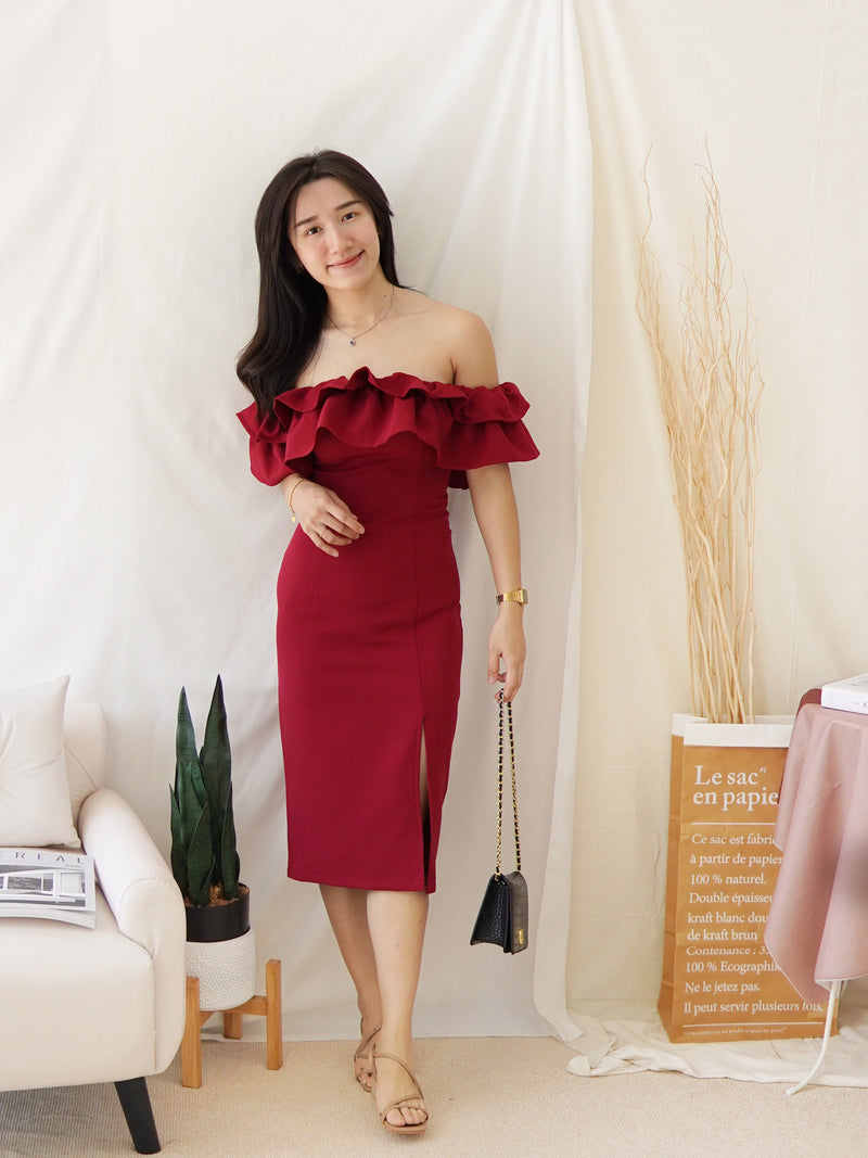 OVIE RUFFLE MAROON DRESS