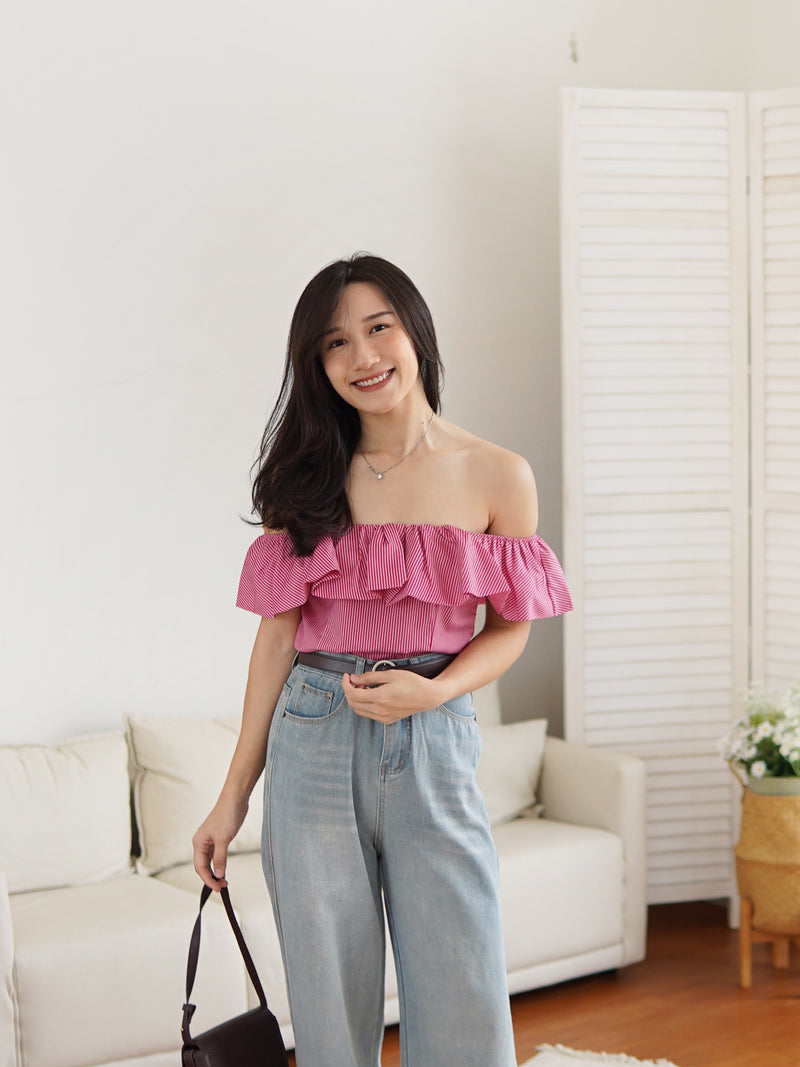 Stripe Ruffle Off-shoulder