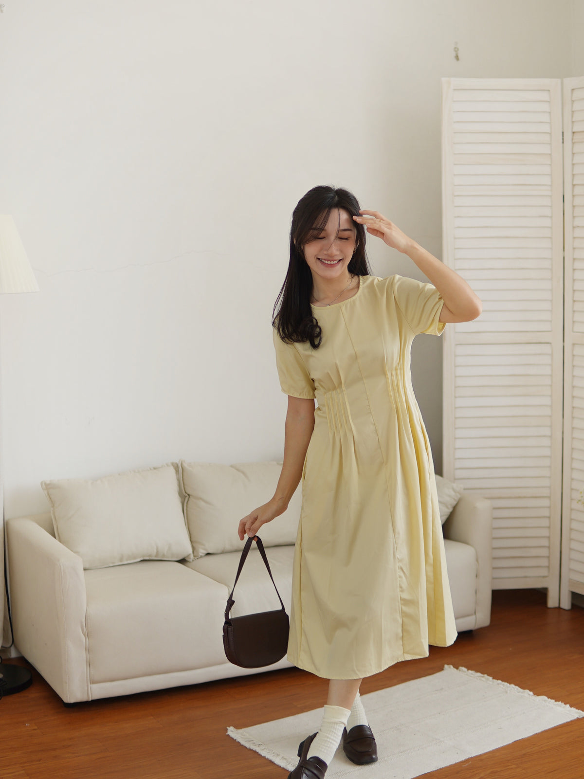 Yellow Pleated Midi Dress