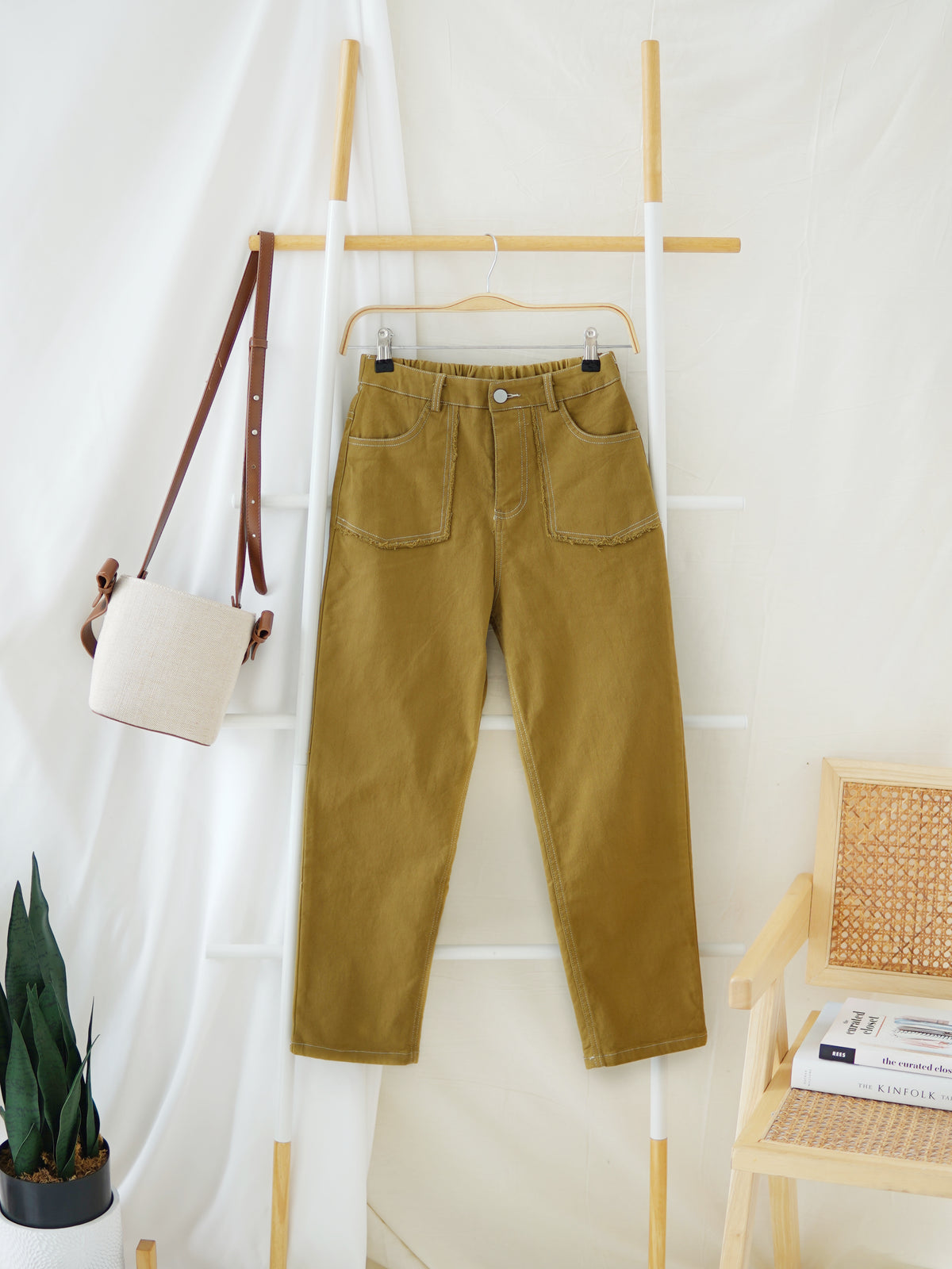 OLIVE GREEN RUBBER BACK JEANS